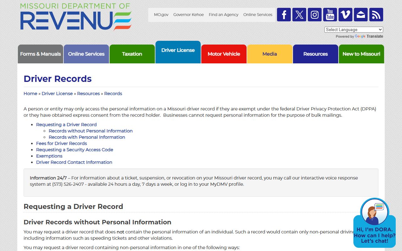 Mercer County traffic court records Missouri DOR driver records page
